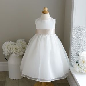 Ivory Flower Girl Dress Satin Organza Champagne Sash Size 2T Special Occasion